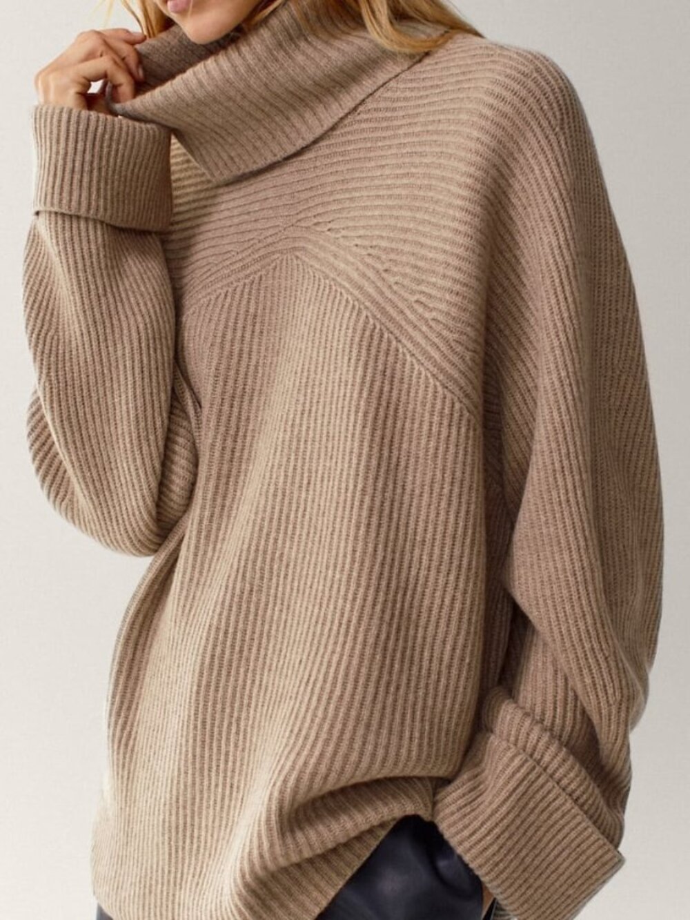 Massimo Dutti NWT M‑L Wool Cashmere Ribbed Turtleneck Sweater Taupe